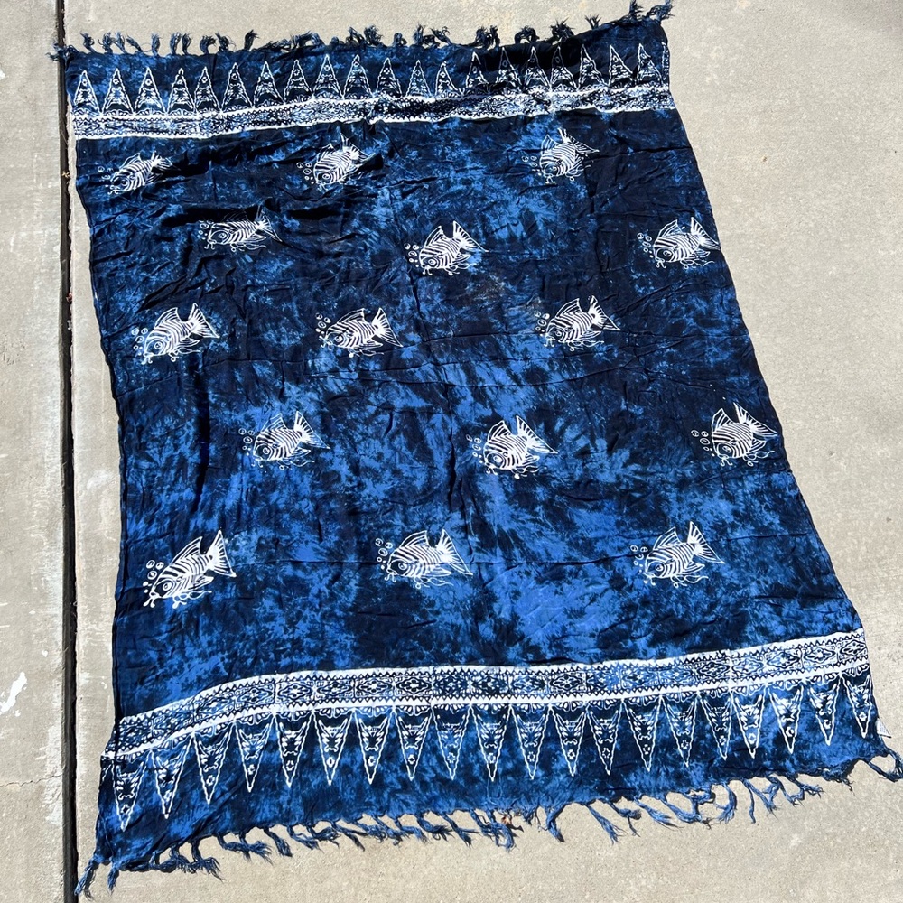 Gorgeous hand-dyed fish/ocean blue & white scarf/sarong, etc